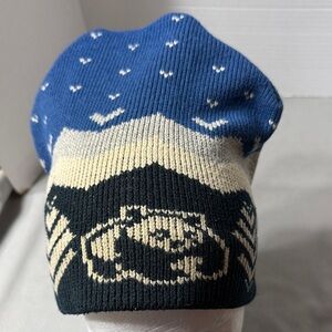 Vintage Adults Winter Knit Beanie From Finland Blue & Cream Bear Mountain Design